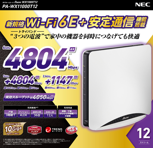 Wi-Fi6E対応ルーター NEC Aterm WX11000T12 | Portasショップ